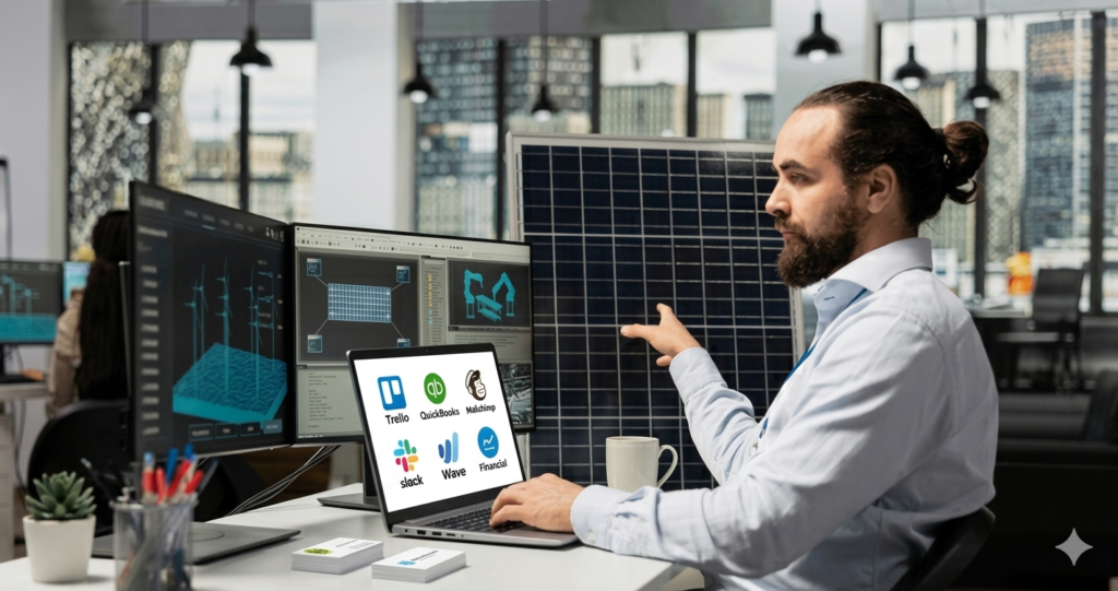 Entrepreneur using free software tools for small business management on laptop in office