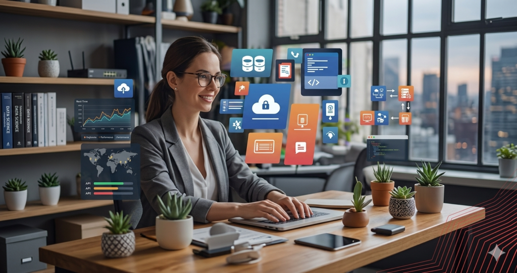 Entrepreneur using free software tools for small business management on laptop in office