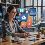 Entrepreneur using free software tools for small business management on laptop in office