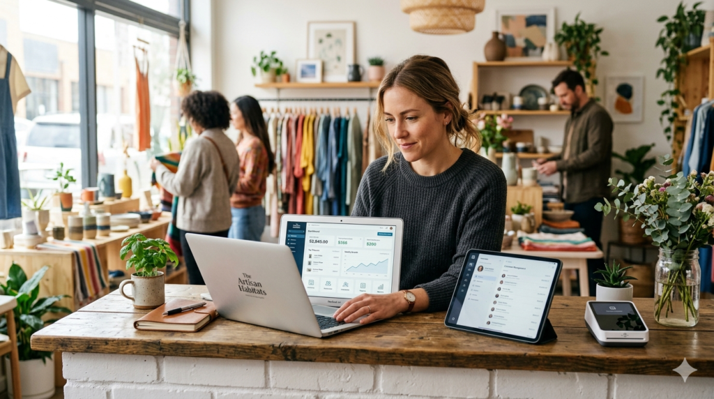 Small business owner using digital tools to manage sales, customers, and daily business tasks