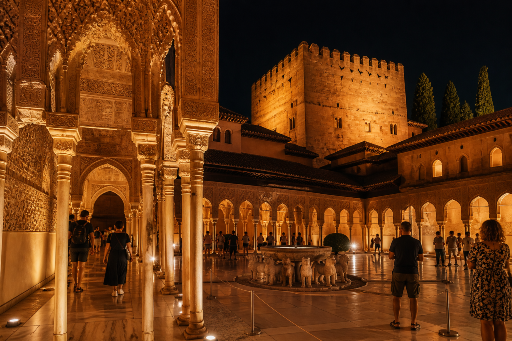 Alhambra palace illuminated at night showing tourist attendance during evening tours