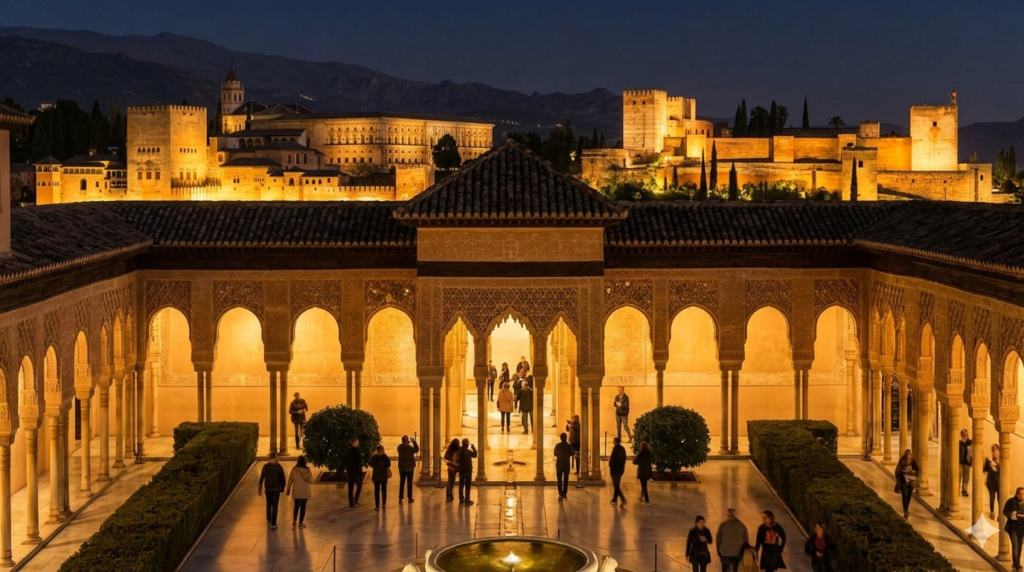 Alhambra palace illuminated at night showing tourist attendance during evening tours